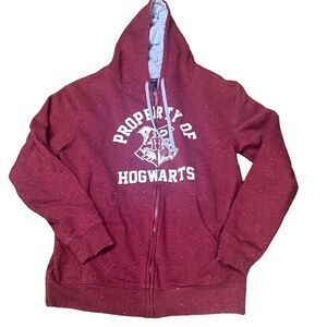 Harry Potter Men's Maroon speckled w white Hooded Property Of Hogwarts Sweater S
